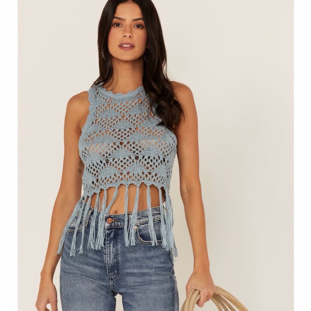 Shyanne Crochet Fringe Blue Top